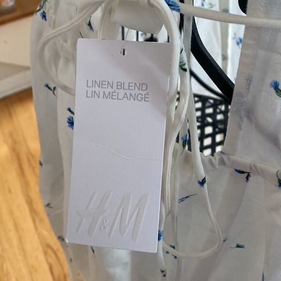 ✨ 🆕 ✨ H&M Linen Blend White & Blue Floral Dress with Tie Details ✨ ▫️NWT▫️🔅 - Picture 8 of 11